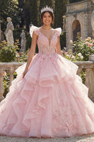 Laden Sie das Bild in den Galerie-Viewer, Rosa Abschlusskleid mit Rüschen und 3D-Blumen
