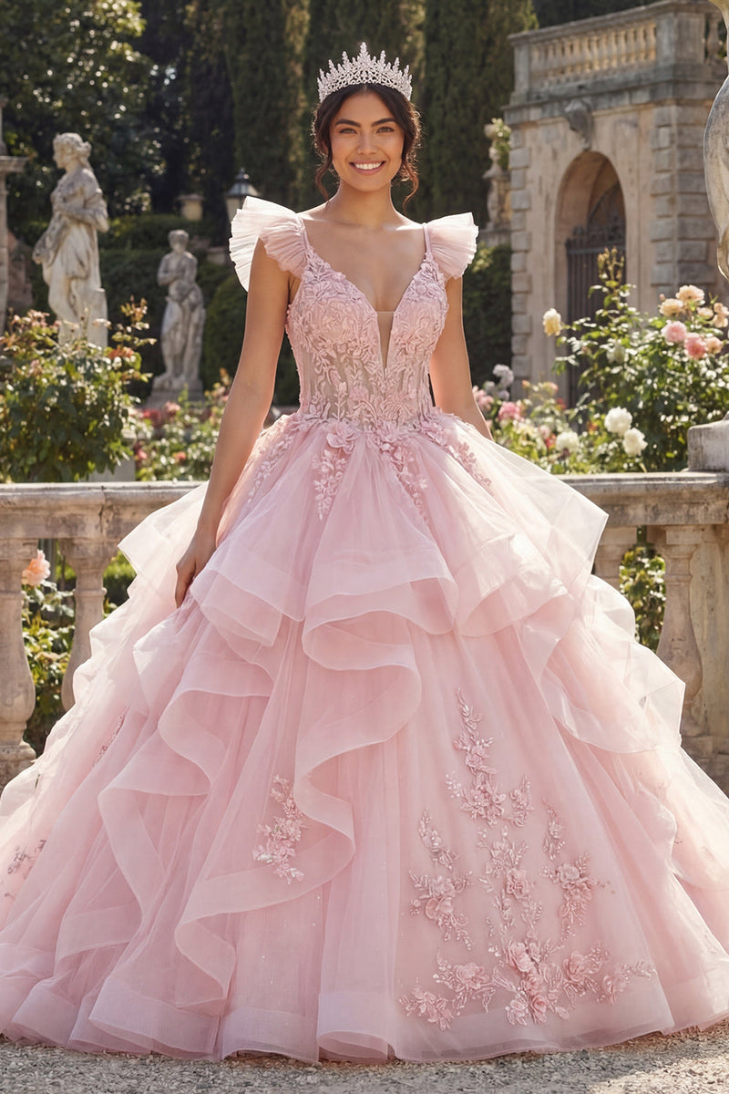 Laden Sie das Bild in den Galerie-Viewer, Rosa Abschlusskleid mit Rüschen und 3D-Blumen
