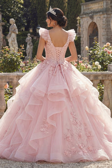 Rosa Abschlusskleid mit Rüschen und 3D-Blumen
