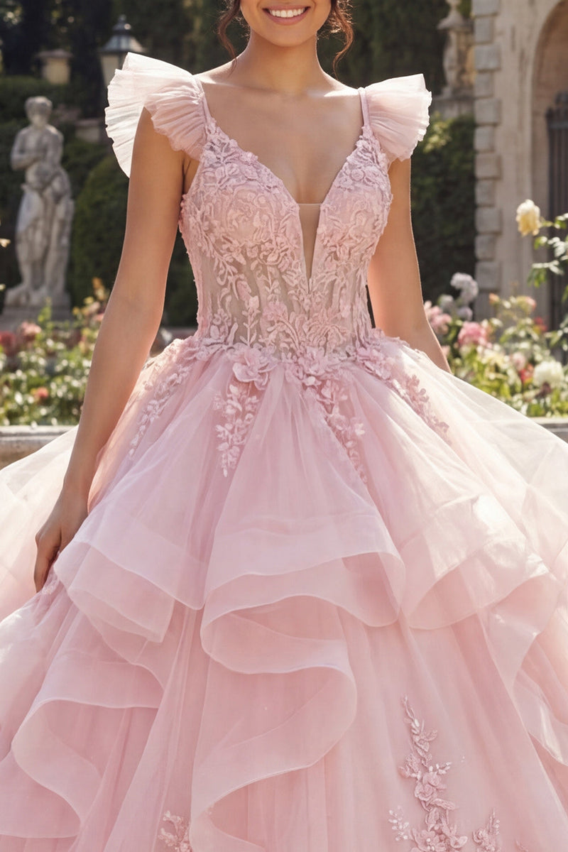 Laden Sie das Bild in den Galerie-Viewer, Rosa Abschlusskleid mit Rüschen und 3D-Blumen