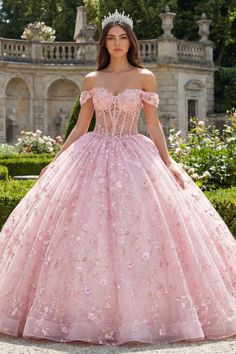 Laden Sie das Bild in den Galerie-Viewer, Rosa Schulterloses Korsett Appliquiertes Ballkleid Abschlusskleid