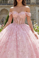 Laden Sie das Bild in den Galerie-Viewer, Rosa Schulterloses Korsett Appliquiertes Ballkleid Abschlusskleid