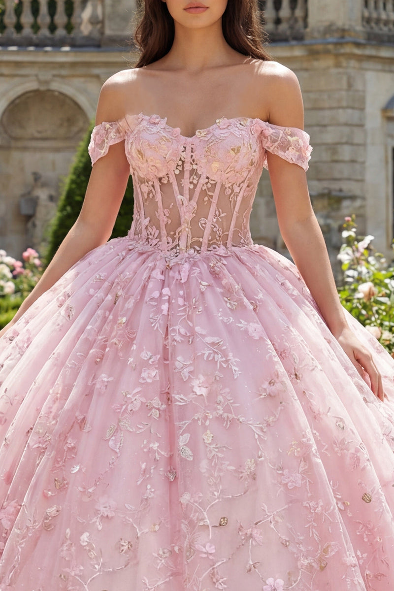 Laden Sie das Bild in den Galerie-Viewer, Rosa Schulterloses Korsett Appliquiertes Ballkleid Abschlusskleid