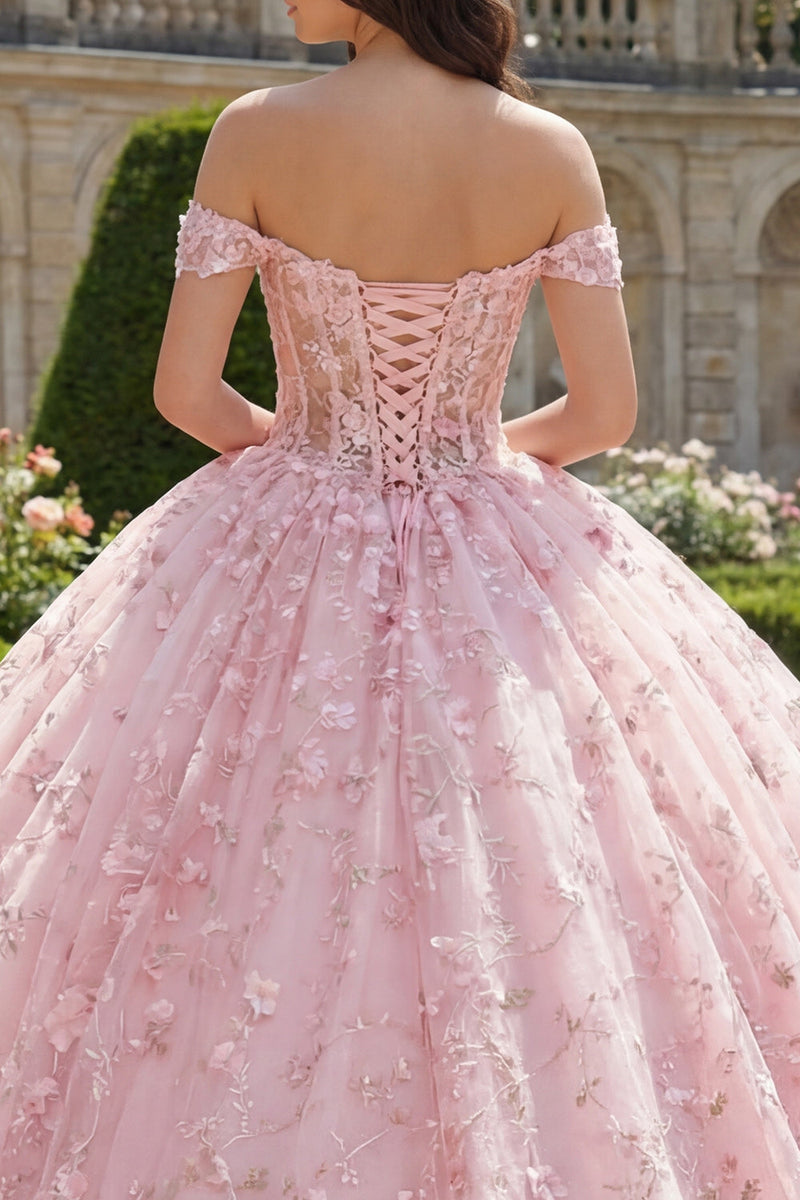 Laden Sie das Bild in den Galerie-Viewer, Rosa Schulterloses Korsett Appliquiertes Ballkleid Abschlusskleid