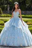 Laden Sie das Bild in den Galerie-Viewer, Trägerloses Ballkleid Korsett Himmelblaues Abschlusskleid mit Rüschen