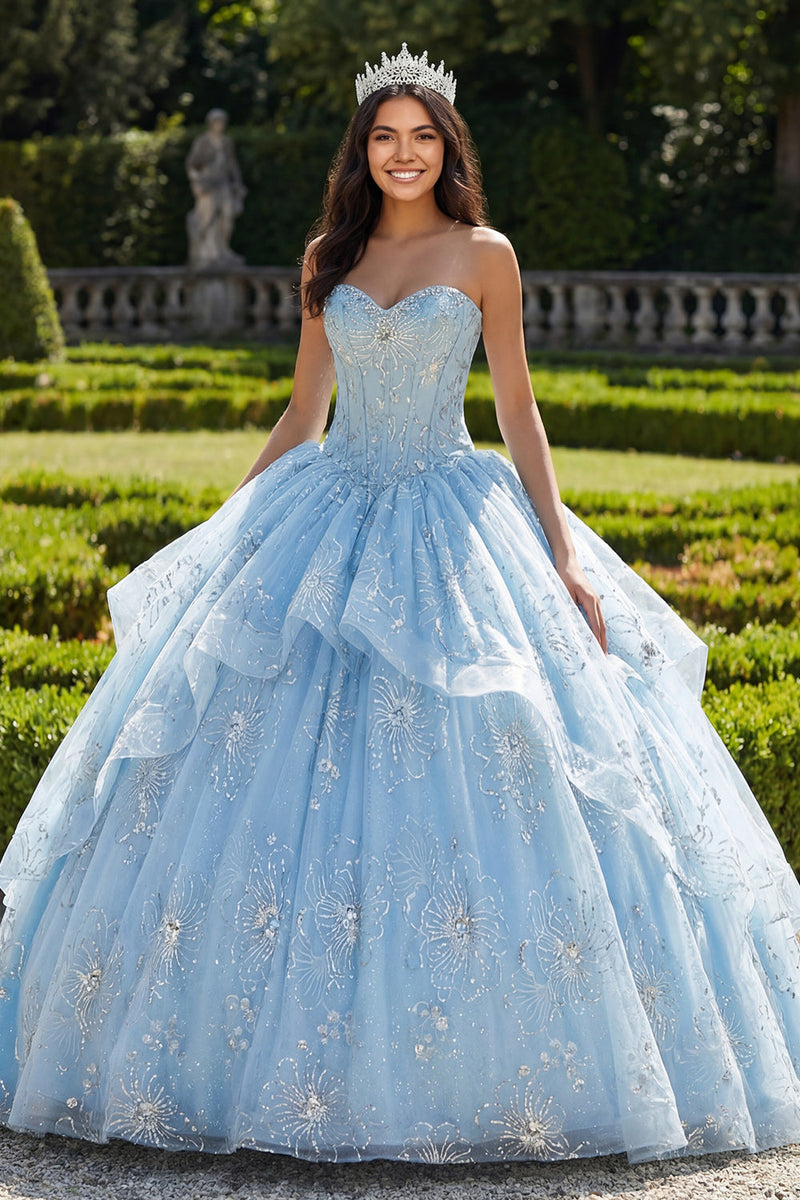 Laden Sie das Bild in den Galerie-Viewer, Trägerloses Ballkleid Korsett Himmelblaues Abschlusskleid mit Rüschen