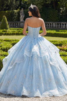 Trägerloses Ballkleid Korsett Himmelblaues Abschlusskleid mit Rüschen