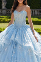 Laden Sie das Bild in den Galerie-Viewer, Trägerloses Ballkleid Korsett Himmelblaues Abschlusskleid mit Rüschen