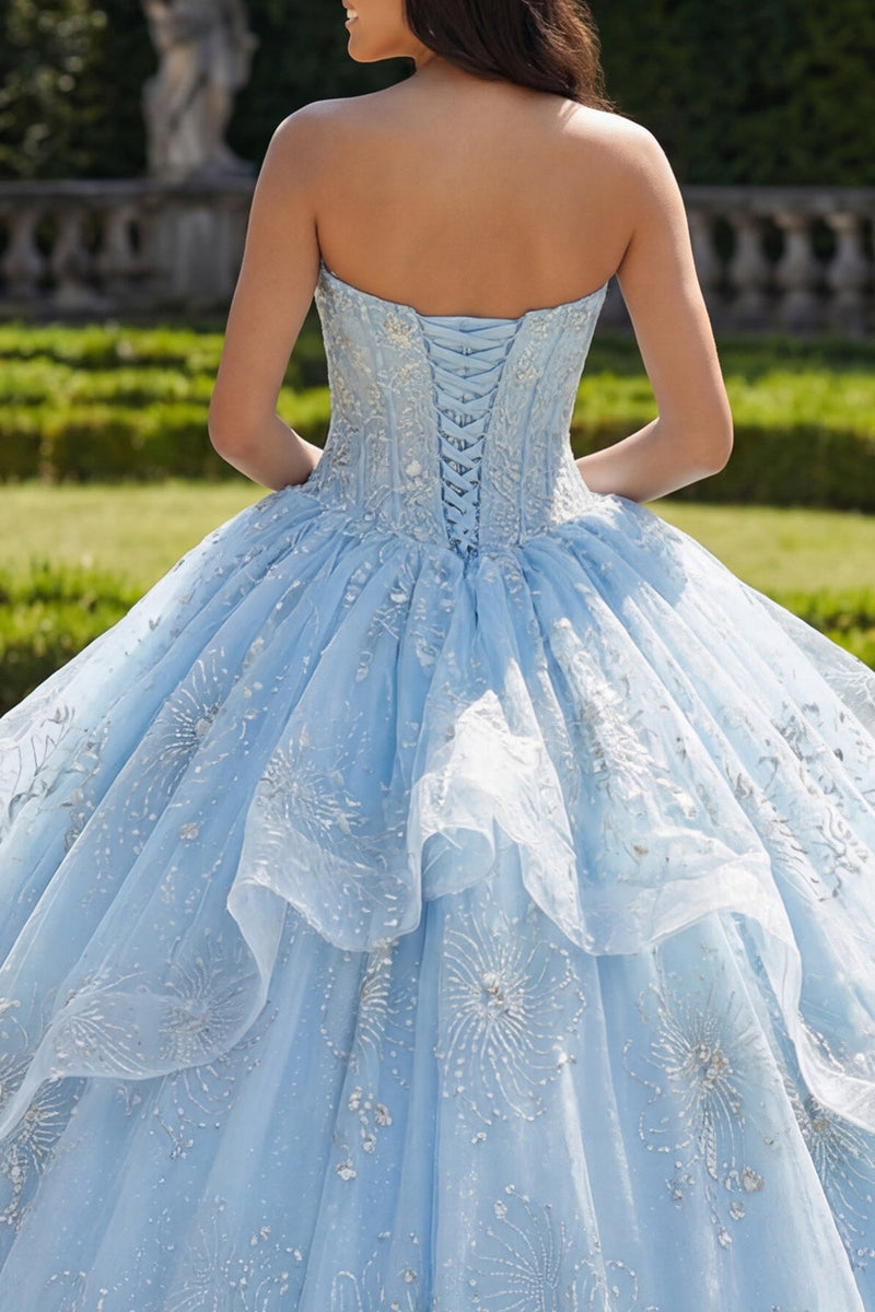 Laden Sie das Bild in den Galerie-Viewer, Trägerloses Ballkleid Korsett Himmelblaues Abschlusskleid mit Rüschen
