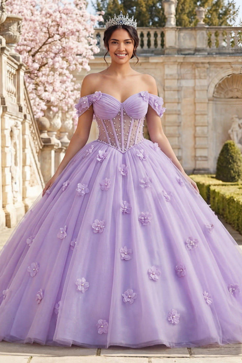 Laden Sie das Bild in den Galerie-Viewer, Schulterloses Korsett Lila Abschlusskleid mit 3D-Blumen