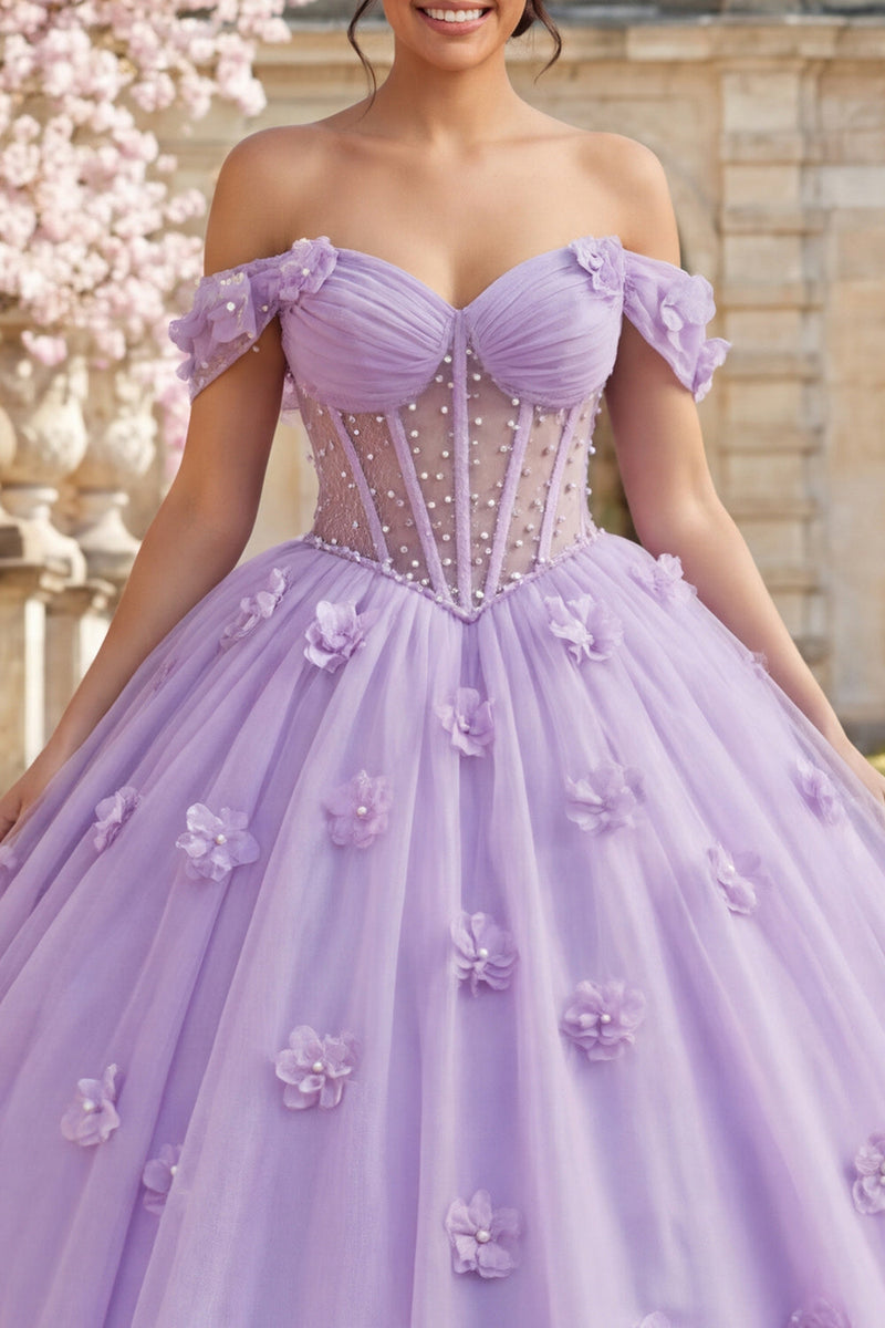 Laden Sie das Bild in den Galerie-Viewer, Schulterloses Korsett Lila Abschlusskleid mit 3D-Blumen