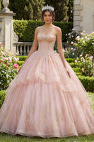Laden Sie das Bild in den Galerie-Viewer, Trägerloses Ballkleid mit Perlen und Rüschen Rosa Abschlusskleid
