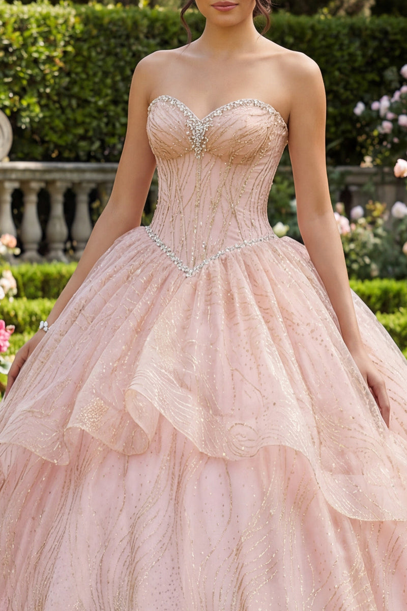 Laden Sie das Bild in den Galerie-Viewer, Trägerloses Ballkleid mit Perlen und Rüschen Rosa Abschlusskleid