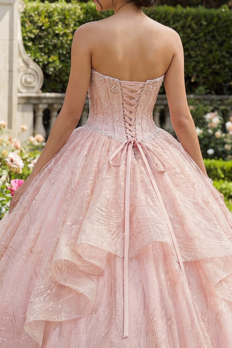 Laden Sie das Bild in den Galerie-Viewer, Trägerloses Ballkleid mit Perlen und Rüschen Rosa Abschlusskleid