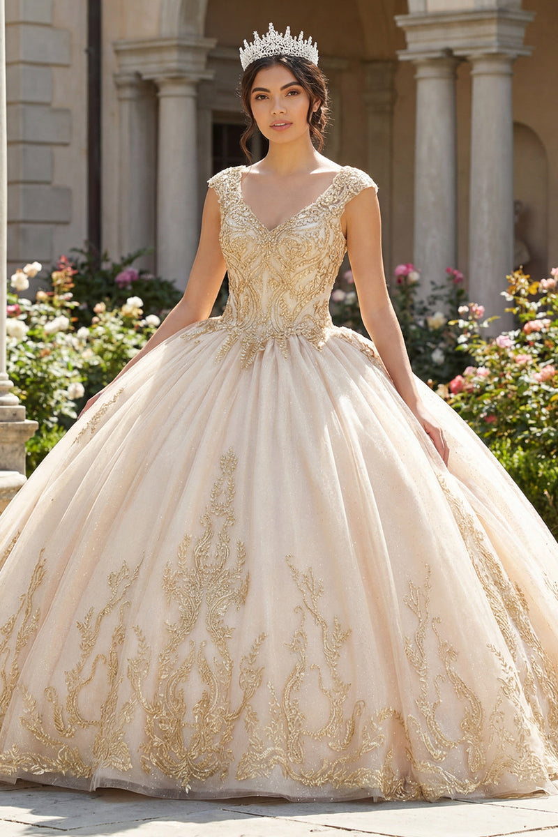 Laden Sie das Bild in den Galerie-Viewer, Champagner Applikiertes V-Hals Abschlusskleid