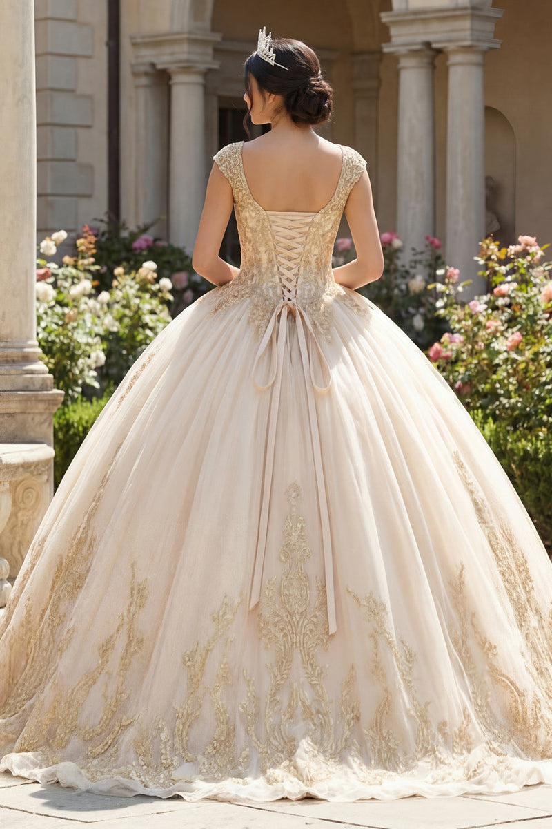 Laden Sie das Bild in den Galerie-Viewer, Champagner Applikiertes V-Hals Abschlusskleid