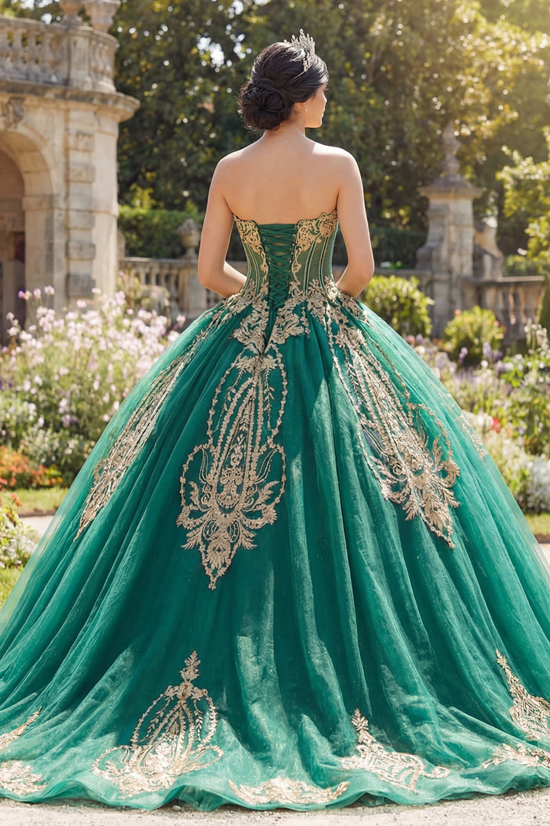 Laden Sie das Bild in den Galerie-Viewer, Grünes Trägerloses Korsett Appliquiertes Abschlusskleid