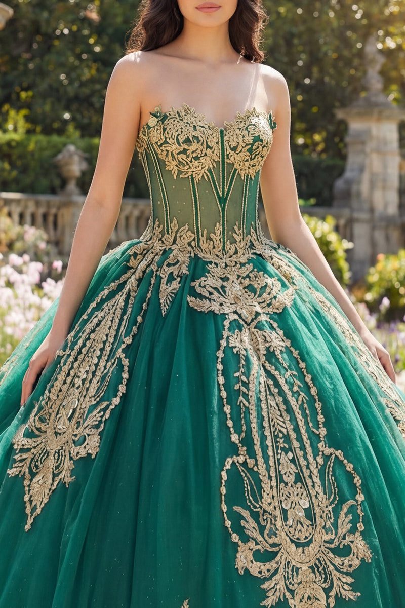 Laden Sie das Bild in den Galerie-Viewer, Grünes Trägerloses Korsett Appliquiertes Abschlusskleid