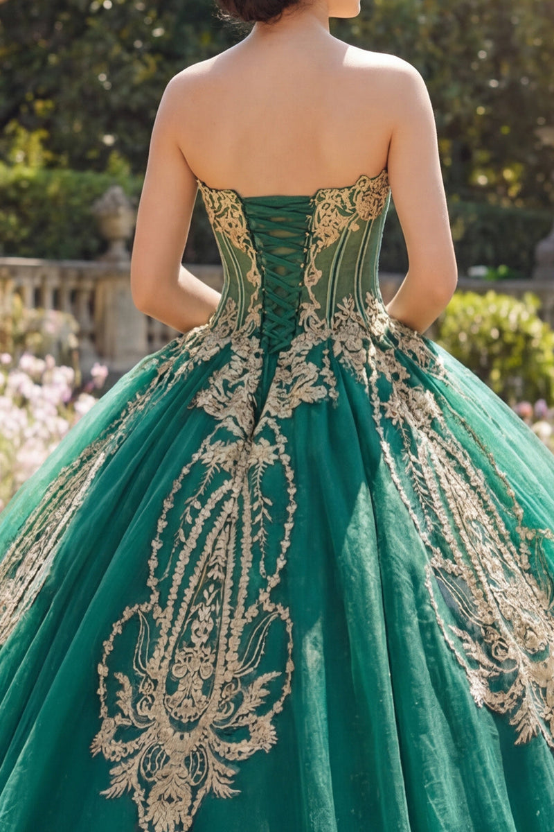 Laden Sie das Bild in den Galerie-Viewer, Grünes Trägerloses Korsett Appliquiertes Abschlusskleid