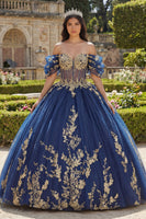Laden Sie das Bild in den Galerie-Viewer, Off-the-shoulder Marineblaues Abschlusskleid mit Applikationen