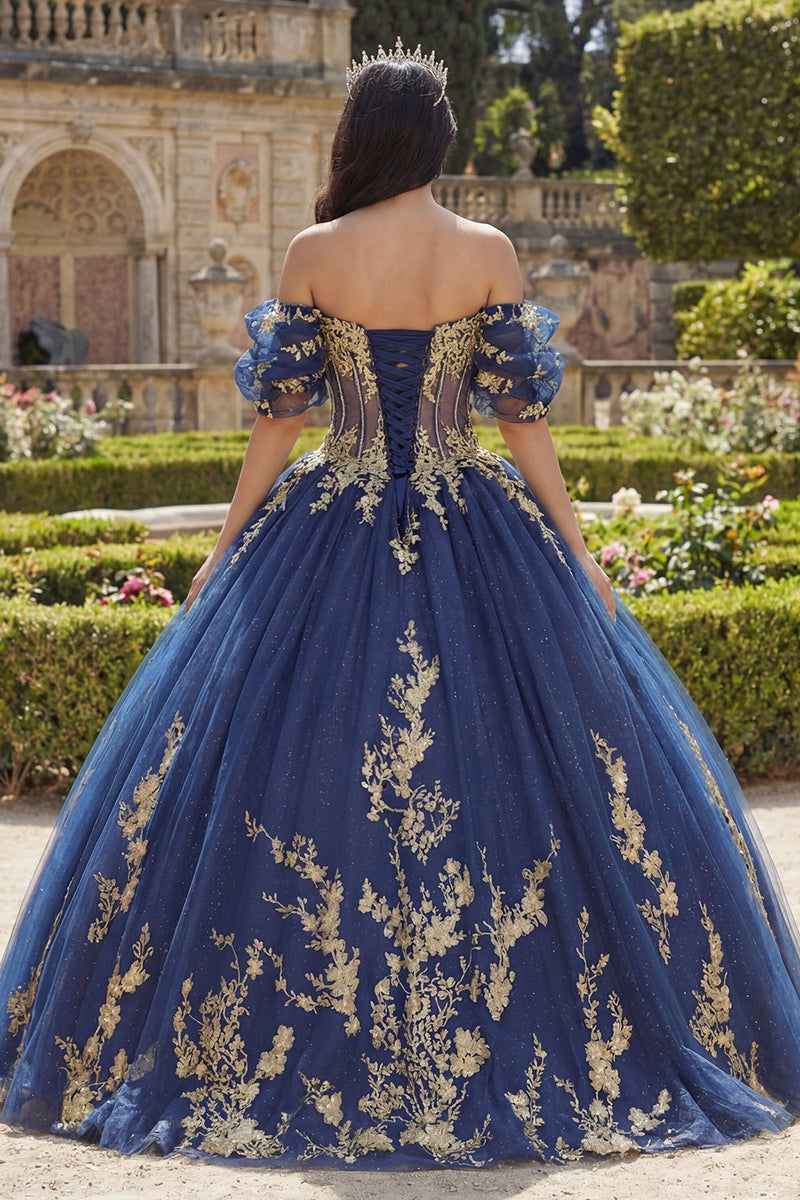 Laden Sie das Bild in den Galerie-Viewer, Off-the-shoulder Marineblaues Abschlusskleid mit Applikationen