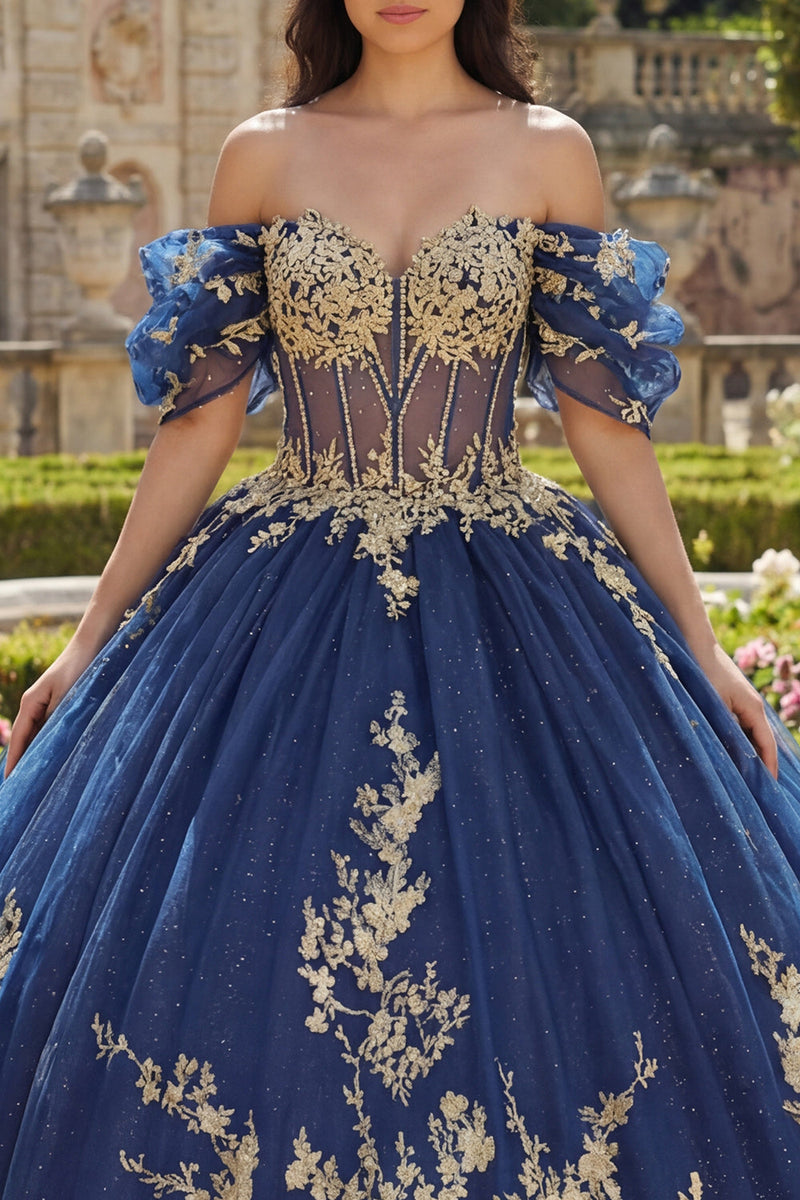 Laden Sie das Bild in den Galerie-Viewer, Off-the-shoulder Marineblaues Abschlusskleid mit Applikationen