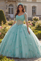Laden Sie das Bild in den Galerie-Viewer, Hellgrünes Ballkleid Halbärmeliges Korsett 3D-Blumen Abschlusskleid