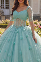 Laden Sie das Bild in den Galerie-Viewer, Hellgrünes Ballkleid Halbärmeliges Korsett 3D-Blumen Abschlusskleid