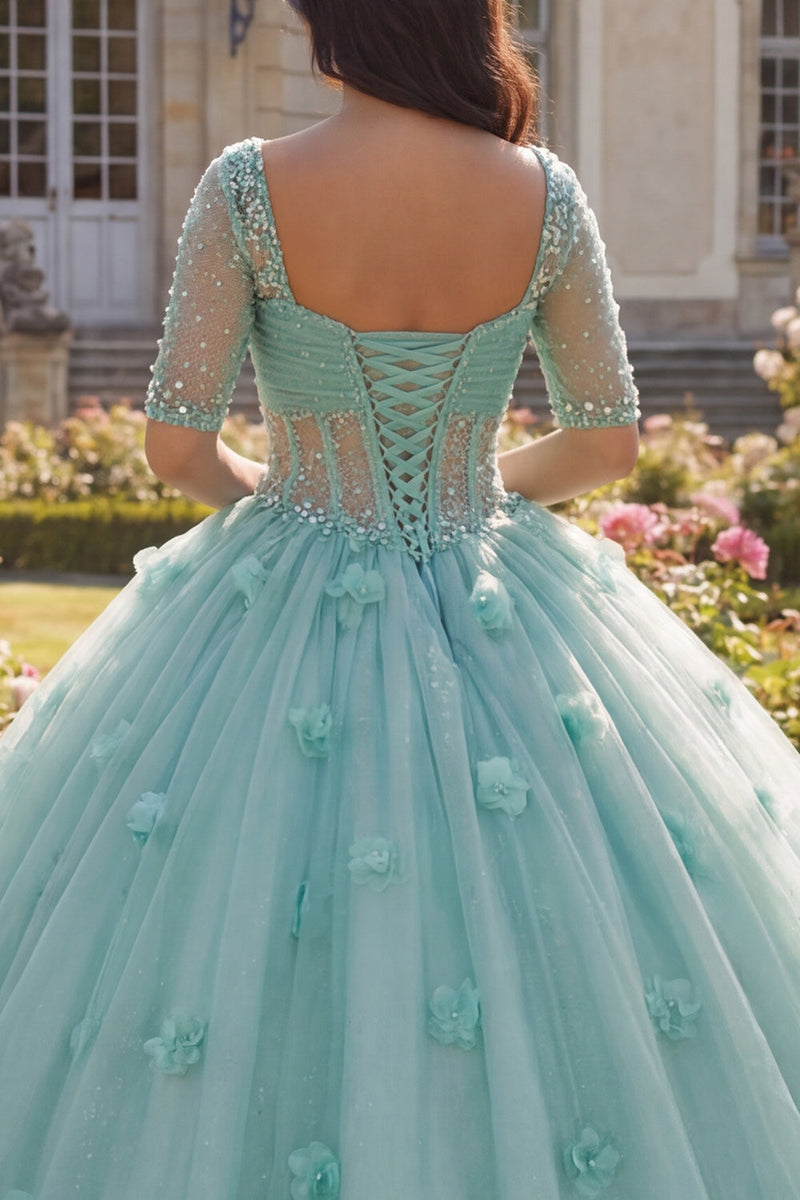 Laden Sie das Bild in den Galerie-Viewer, Hellgrünes Ballkleid Halbärmeliges Korsett 3D-Blumen Abschlusskleid