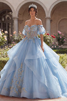 Laden Sie das Bild in den Galerie-Viewer, Off-the-shoulder Geblümtes Himmelblaues Ballkleid Korsett Abschlusskleid