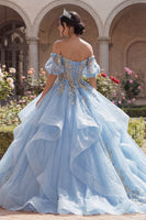 Laden Sie das Bild in den Galerie-Viewer, Off-the-shoulder Geblümtes Himmelblaues Ballkleid Korsett Abschlusskleid