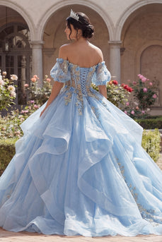 Off-the-shoulder Geblümtes Himmelblaues Ballkleid Korsett Abschlusskleid