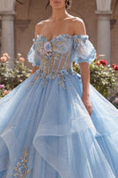 Laden Sie das Bild in den Galerie-Viewer, Off-the-shoulder Geblümtes Himmelblaues Ballkleid Korsett Abschlusskleid