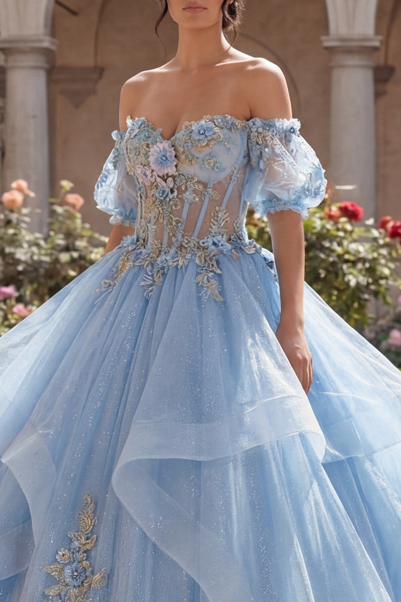 Laden Sie das Bild in den Galerie-Viewer, Off-the-shoulder Geblümtes Himmelblaues Ballkleid Korsett Abschlusskleid