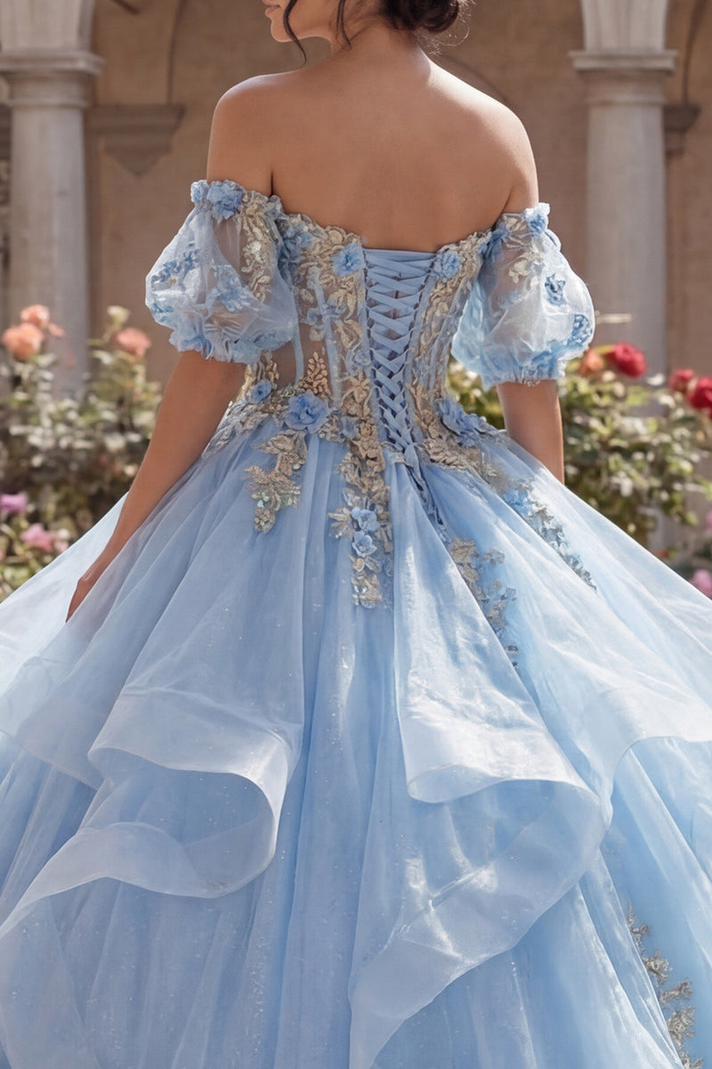 Laden Sie das Bild in den Galerie-Viewer, Off-the-shoulder Geblümtes Himmelblaues Ballkleid Korsett Abschlusskleid