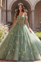 Laden Sie das Bild in den Galerie-Viewer, Schulterfreies Grünes Korsett Ballkleid Blumen Abschlusskleid