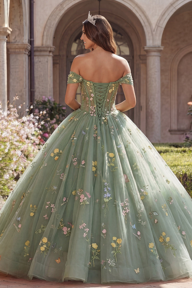 Laden Sie das Bild in den Galerie-Viewer, Schulterfreies Grünes Korsett Ballkleid Blumen Abschlusskleid
