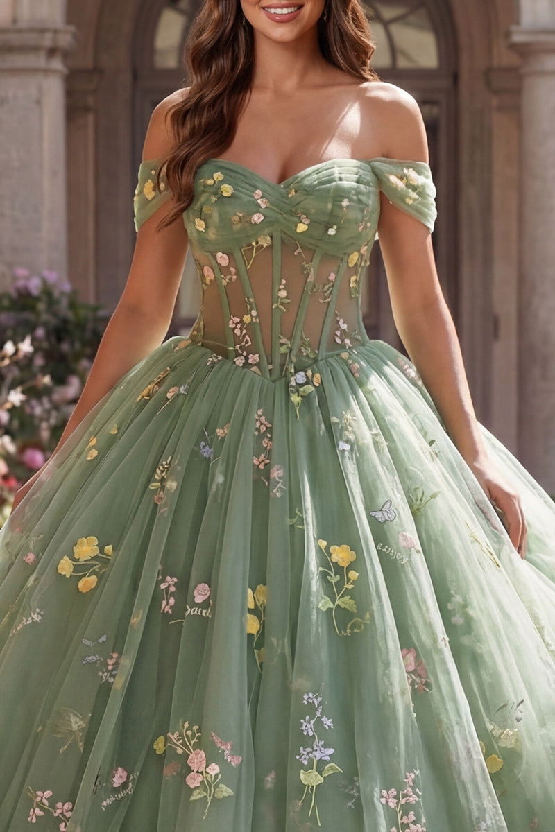 Laden Sie das Bild in den Galerie-Viewer, Schulterfreies Grünes Korsett Ballkleid Blumen Abschlusskleid