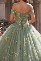 Laden Sie das Bild in den Galerie-Viewer, Schulterfreies Grünes Korsett Ballkleid Blumen Abschlusskleid