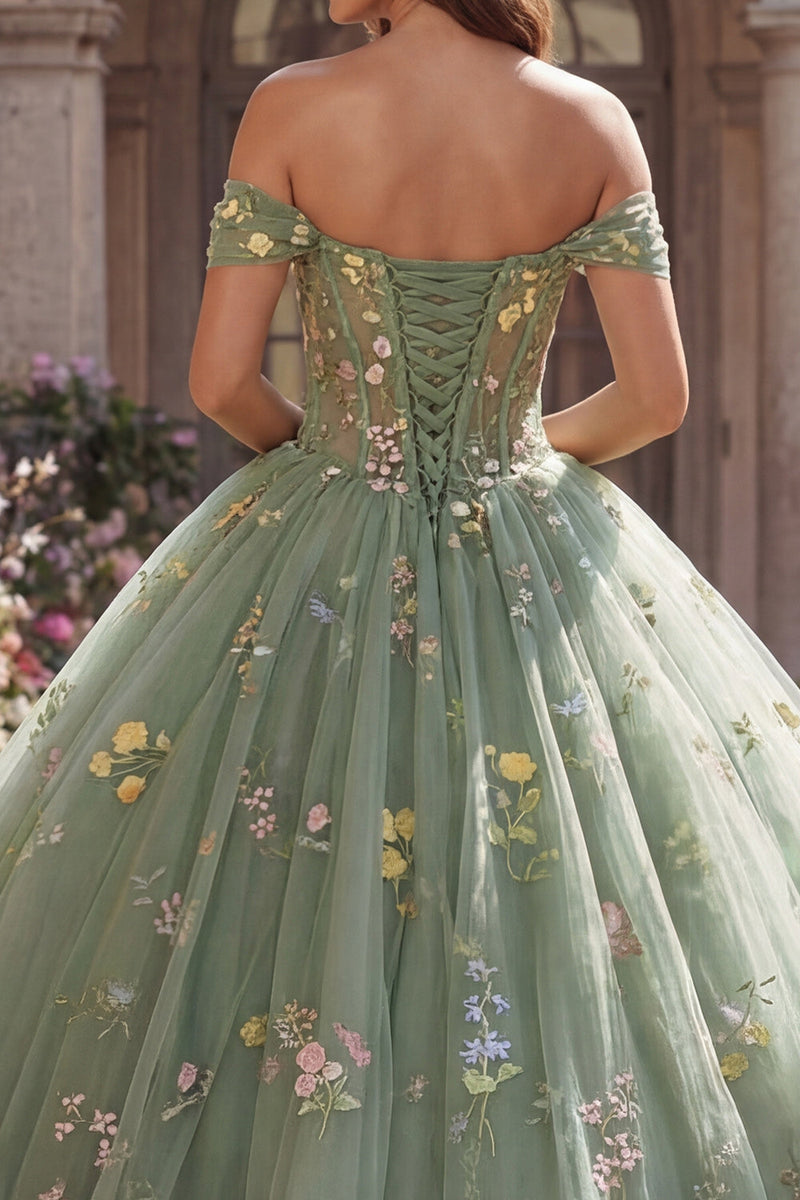 Laden Sie das Bild in den Galerie-Viewer, Schulterfreies Grünes Korsett Ballkleid Blumen Abschlusskleid