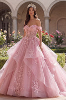 Laden Sie das Bild in den Galerie-Viewer, Rosa Off-the-Shoulder Applikiertes Abschlusskleid mit Rüschen
