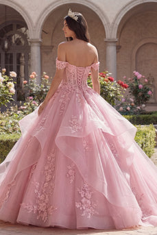 Rosa Off-the-Shoulder Applikiertes Abschlusskleid mit Rüschen