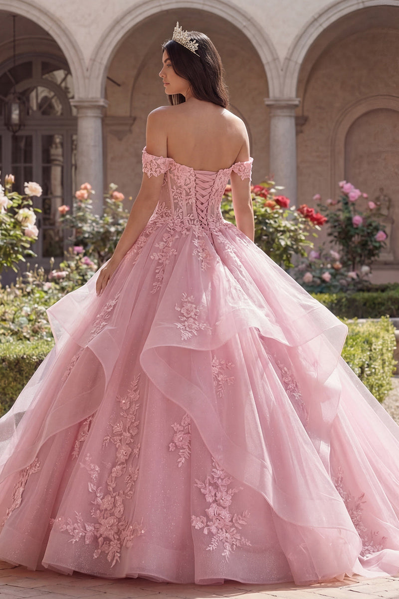 Laden Sie das Bild in den Galerie-Viewer, Rosa Off-the-Shoulder Applikiertes Abschlusskleid mit Rüschen
