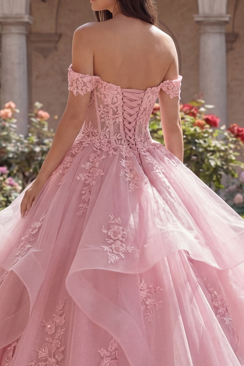 Laden Sie das Bild in den Galerie-Viewer, Rosa Off-the-Shoulder Applikiertes Abschlusskleid mit Rüschen