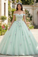Laden Sie das Bild in den Galerie-Viewer, Off-the-shoulder Grünes Abschlusskleid mit 3D-Blumen
