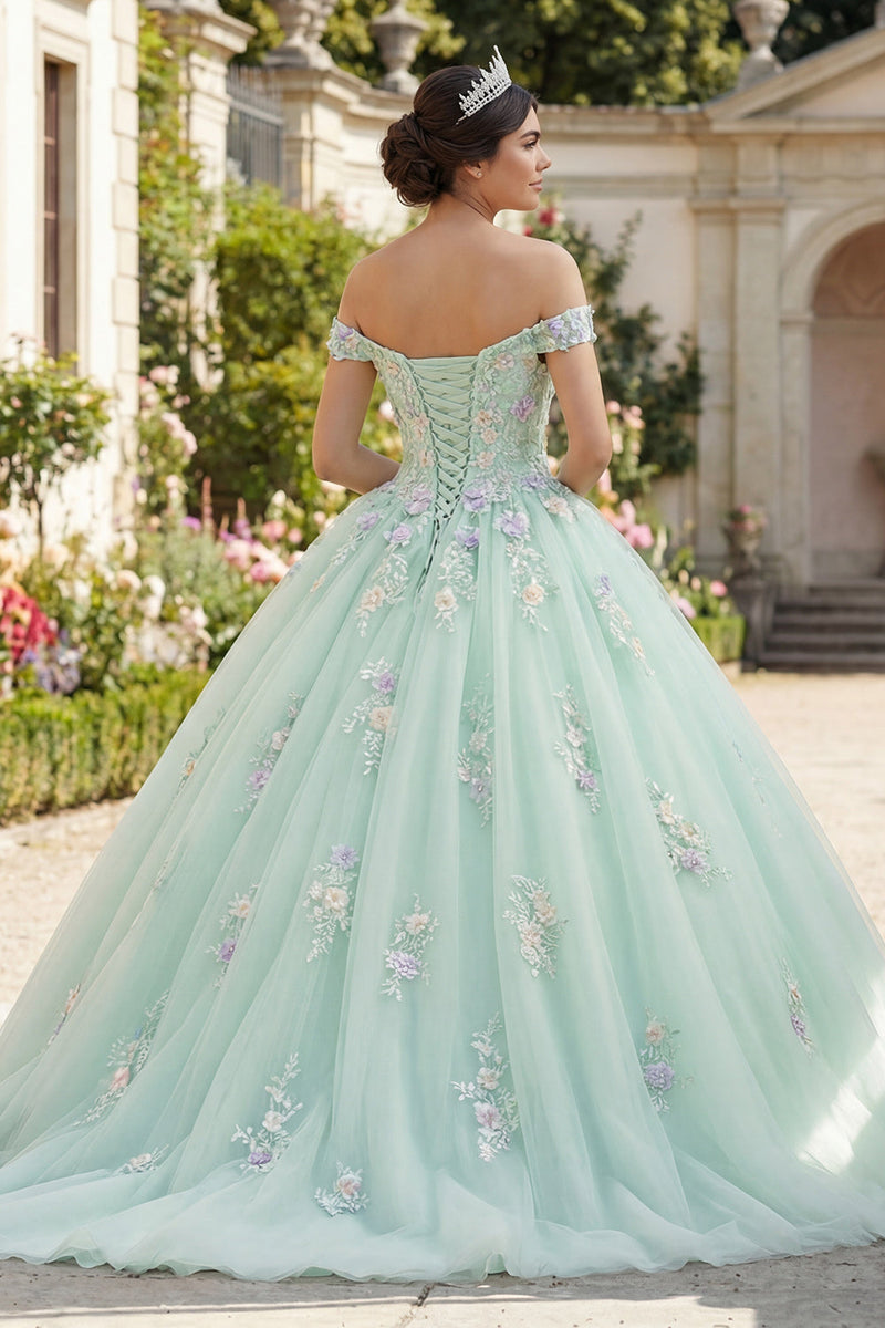 Laden Sie das Bild in den Galerie-Viewer, Off-the-shoulder Grünes Abschlusskleid mit 3D-Blumen