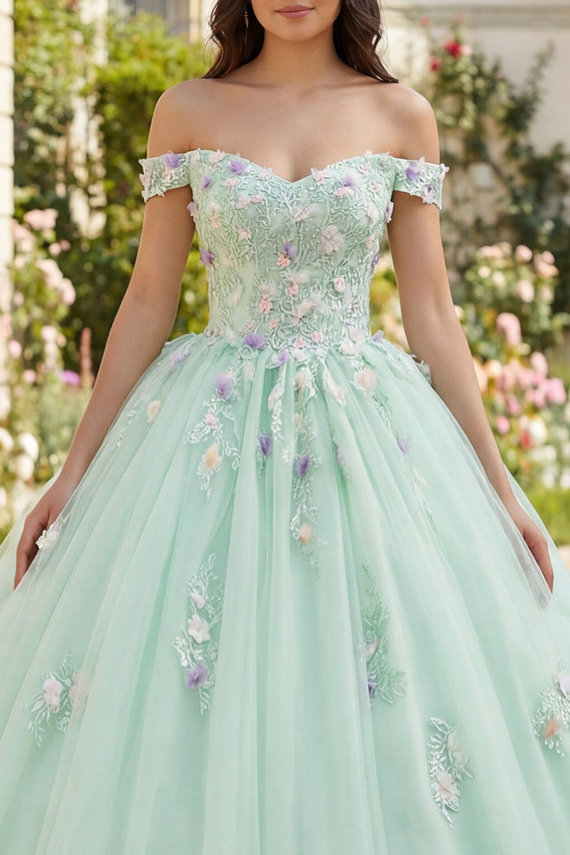 Laden Sie das Bild in den Galerie-Viewer, Off-the-shoulder Grünes Abschlusskleid mit 3D-Blumen
