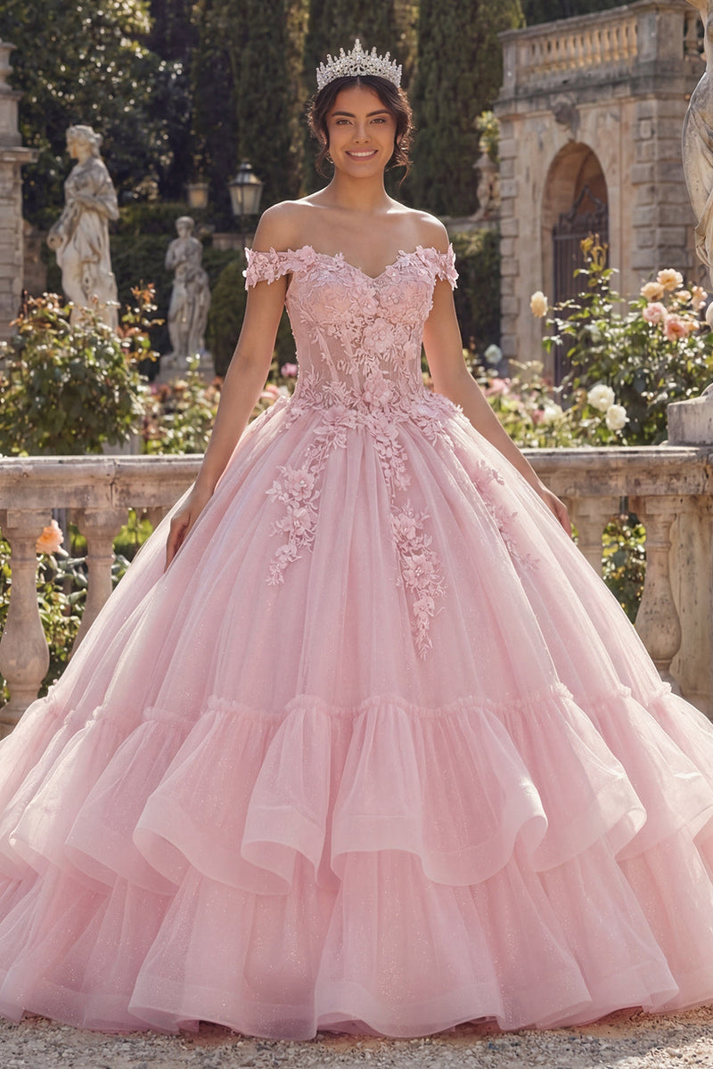 Laden Sie das Bild in den Galerie-Viewer, Rosa Schulterloses Ballkleid Gestuftes Abschlusskleid mit Applikation