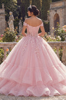 Laden Sie das Bild in den Galerie-Viewer, Rosa Schulterloses Ballkleid Gestuftes Abschlusskleid mit Applikation