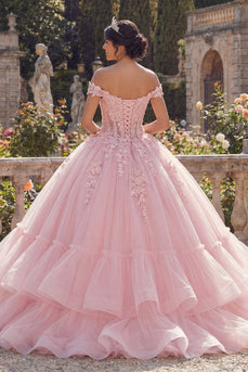 Rosa Schulterloses Ballkleid Gestuftes Abschlusskleid mit Applikation